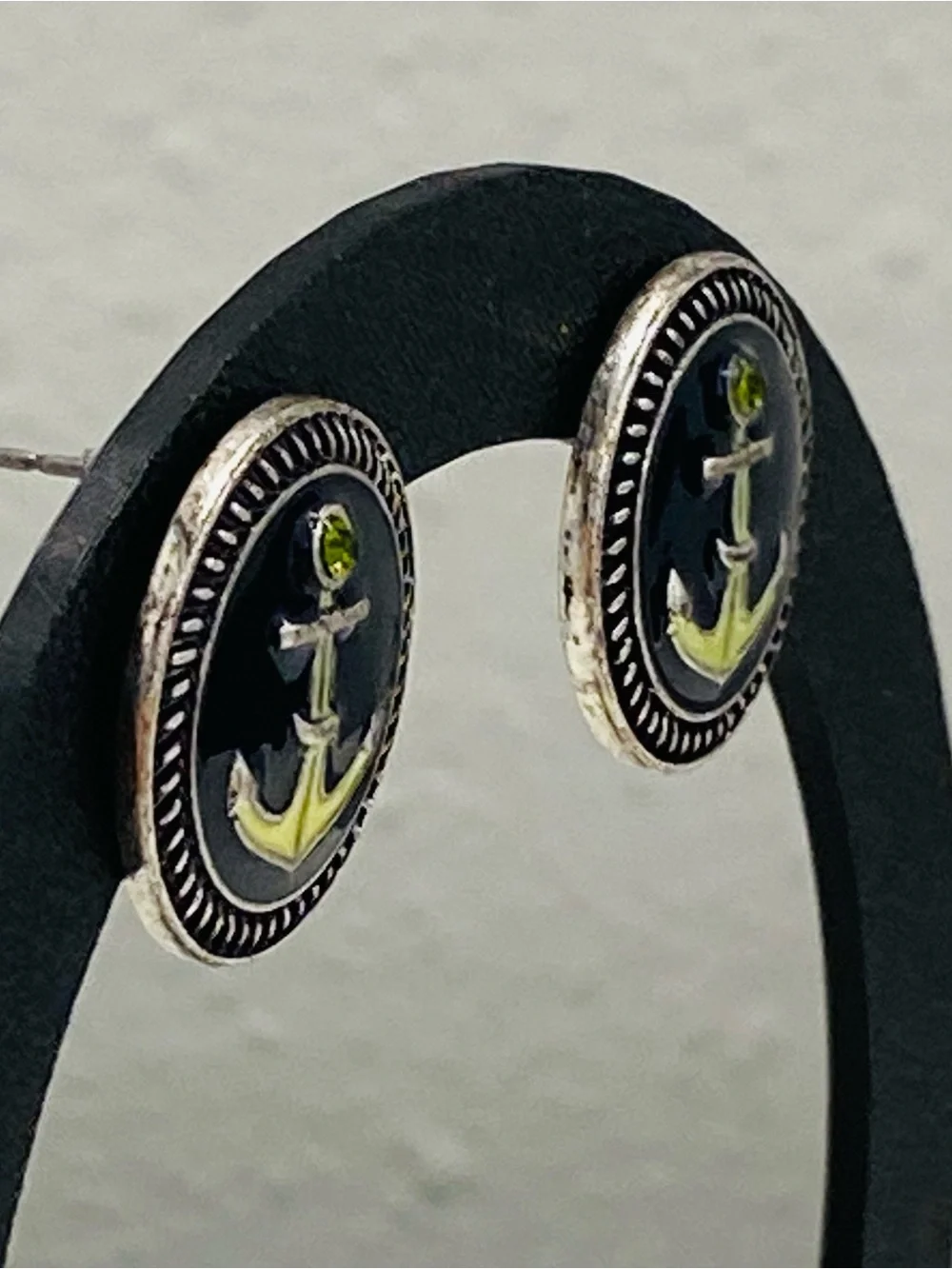 Navy Blue Nautical Green Rhinestone Anchor Post Earrings Textured Rope Border